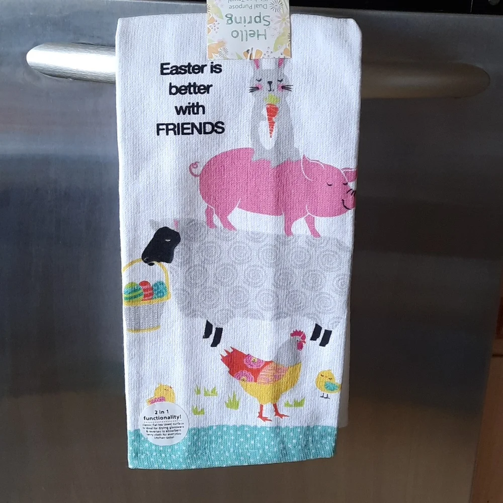 Easter Bunny Spring Farm Animals Dual Purpose Kitchen Dish Towels Fun Set - Picture 3 of 11